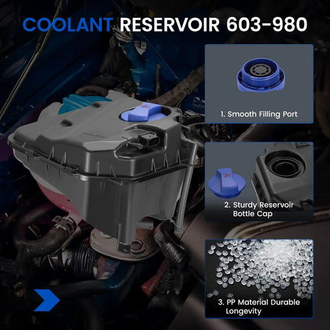 Premium Grade Built Tough Heavy Duty Coolant Overflow Tank And Reservoir For Audi Q7 And Volkswagen Touareg Models 2004 Through 2015 angled view with blue cap.