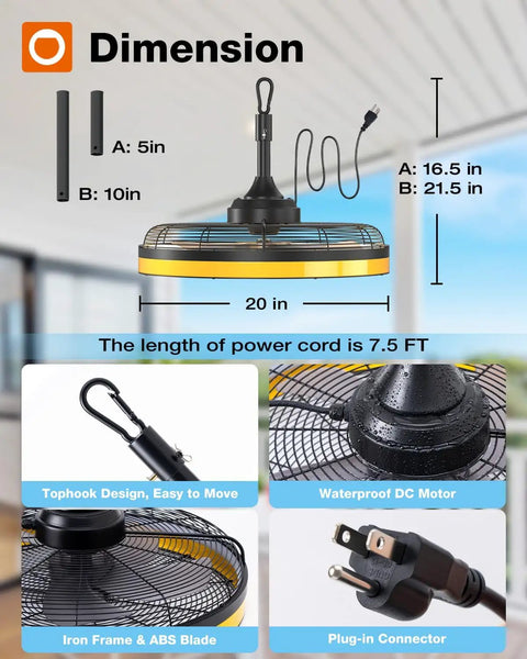 All Weather Outdoor Ceiling Fan With Light For Patios And Pergolas 20 Inch Black Waterproof Gazebo Fan dimensions and features.