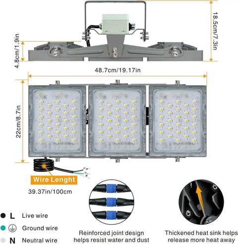Diagram of Outdoor 150W LED Flood Light With Dusk To Dawn Photocell Beefy 3 Heads Adjustable Wide Beam 5000K Daylight