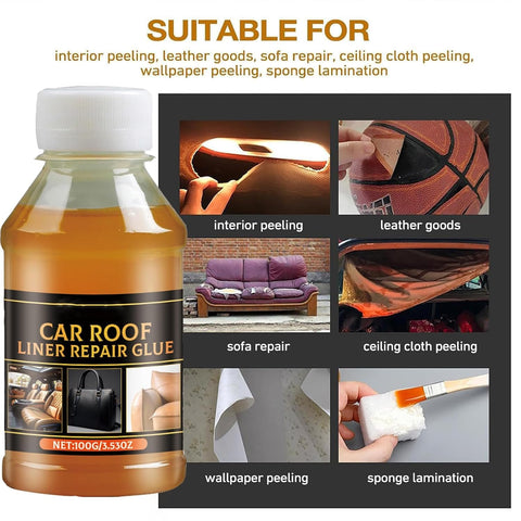 Durable Headliner Repair Glue DIY Friendly For Cars Quick Bonding Adhesive That Sets Fast Strong Interior Roof Fabric Fix Works On Leather Vinyl And Cloth Easy To Apply 1 Piece, 100 ml bottle with repair examples