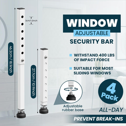 4 Pack Window Security Bars, Adjustable From 11 To 18 Inches, Portable Sliding Window Lock Bar For Kid Safe And Anti Theft, White