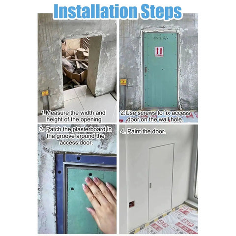 Installation steps for Heavy Duty Aluminum Magnetic Access Door Panel For Drywall Wall And Ceiling Inspection showing measuring, fixing, and painting.