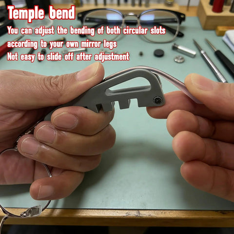 Eyeglass Frame Adjustment Kit With 3 In 1 Screwdriver Tool For DIY Glasses Repair Curvature Bender Temple Arms And Nose Pads Adjuster Tighten Loose Frames At Home In A Jiffy in use adjusting temple arm bend.