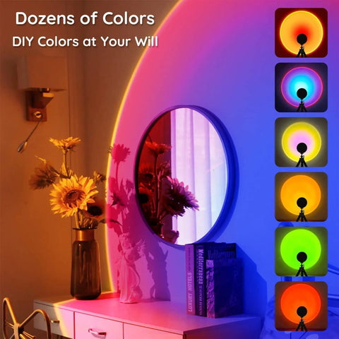 Multicolor Sunset Lamp Projector LED Night Light with 180 Degree Rotation casting rainbow effects on interior wall.