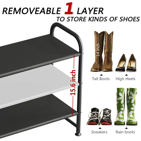 Side view of Three Tier Shoe Rack Storage Organizer showing adjustable shelves for tall boots, high heels, sneakers, and rain boots.
