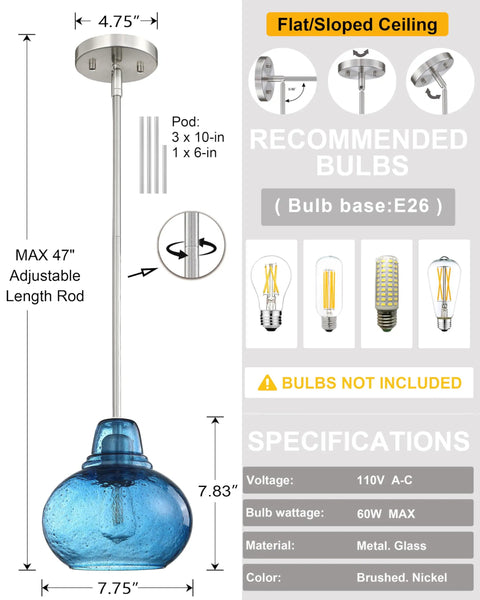 Two Pack Kitchen Island Pendant Lights With Hand Blown Brownish Blue Seeded Glass Shades Brushed Nickel Finish Over Sink Dimmable