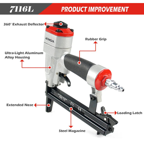Heavy Duty Pneumatic Upholstery Stapler With 2 Inch Long Nose For Tight Corners 22 Gauge 1/4 To 5/8 Inch Staples 3/8 Inch Crown Includes 10000 Staples Rotatable Exhaust Dial Die Cast Aluminum Lightweight Air Powered Tool For Furniture
