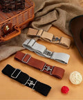 Ride Ready Elastic Horse Riding Belt with Sturdy Hook Buckle in multiple colors displayed on a rustic surface