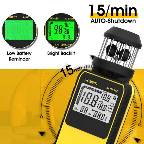 Handy Portable Handheld Anemometer Wind Speed Meter 1.5 To 93 MPH With 0.1 Resolution, Indoor Outdoor Air Flow Gauge For HVAC Balancing And Drone Pilots, Switches Between MPH Knots KMH And Meters Per Second. Black yellow handheld anemometer with display, cup sensor, and low battery reminder