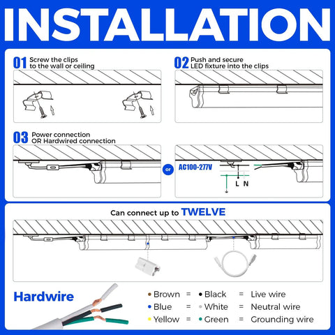 Installation instructions for LED Shop Light 2Ft 6500K Super Bright White, utility ceiling and under cabinet lighting.