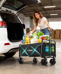 Woman loading groceries into Foldable Collapsible Wagon Cart With All Terrain Wheels, Heavy Duty Utility Wagon Holds Up To 420 Lbs.
