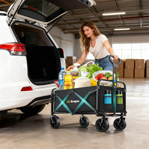 Woman loading groceries into Foldable Collapsible Wagon Cart With All Terrain Wheels, Heavy Duty Utility Wagon Holds Up To 420 Lbs.