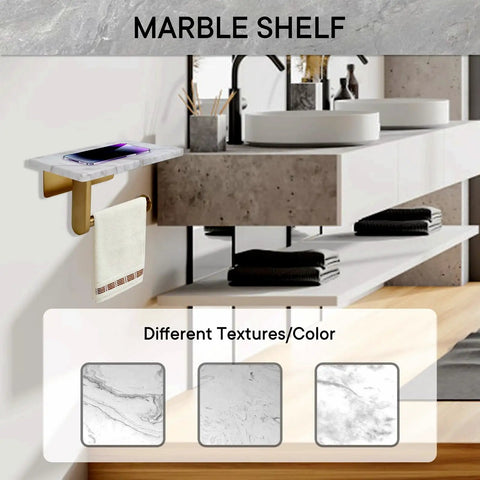 Dope Mega Roll Toilet Paper Holder With Natural Marble Shelf in brushed gold, wall mounted in modern bathroom setting.