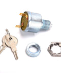 Universal EZGO Golf Cart Ignition Key Switch Starter with 2 terminal prongs, 2 keys, lock washer, face nut on white background