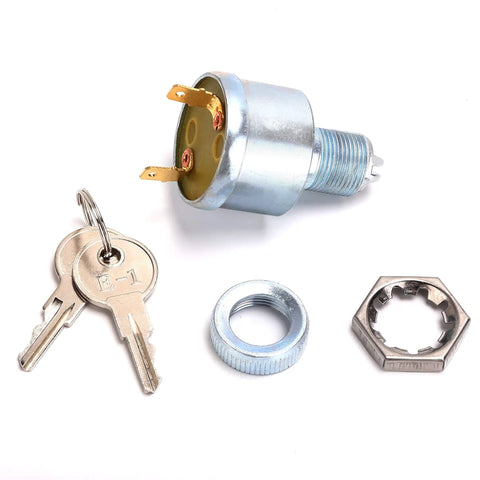 Universal EZGO Golf Cart Ignition Key Switch Starter with 2 terminal prongs, 2 keys, lock washer, face nut on white background