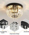 Two Light Sleek Crystal Mini Ceiling Light Fixture Modern Semi Flush Mount Closet Chandelier Ceiling Lamp For Hallway Bedroom Kitchen Bathroom With E26 Bulb Base Black 9.84 Inch Diameter And 7.87 Inch Height with sparkling crystals displayed.