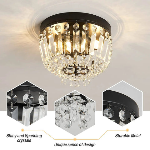 Two Light Sleek Crystal Mini Ceiling Light Fixture Modern Semi Flush Mount Closet Chandelier Ceiling Lamp For Hallway Bedroom Kitchen Bathroom With E26 Bulb Base Black 9.84 Inch Diameter And 7.87 Inch Height with sparkling crystals displayed.