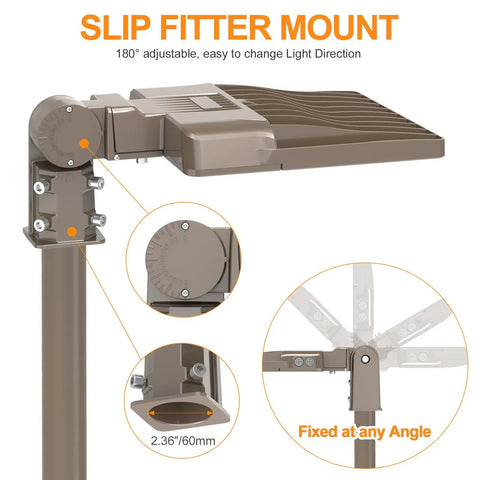 Triple-Setting LED Parking Lot Light With 150W 120W 90W Options, slip fitter mount adjustment