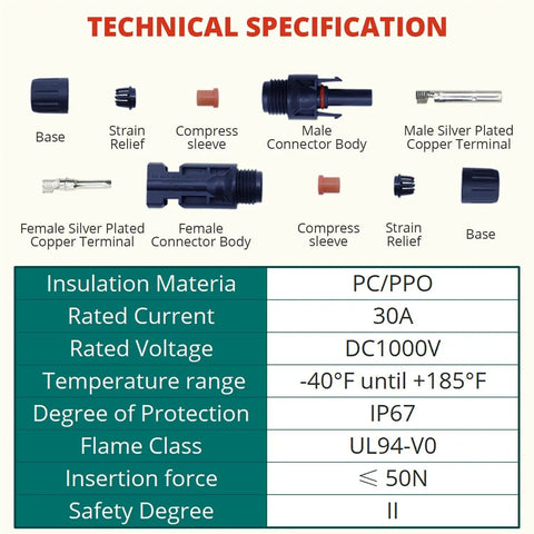 MC4 Solar Panel Connectors IP67 Waterproof 6 Pairs 12 Pieces Male and Female Cable Assembly Kit technical specifications