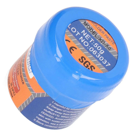 Premium No Clean Solder Paste Sn63 50g container showing label details for SMT PCBA LED Electronics Repair And Assembly