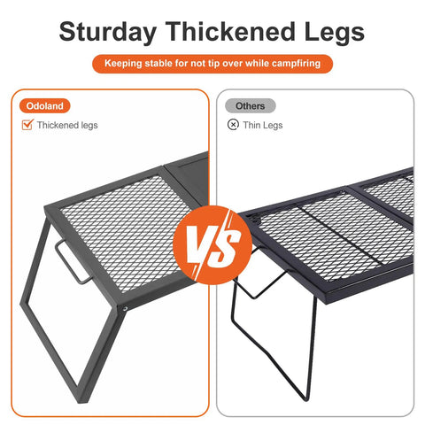 Folding Campfire Grill With Heavy Duty Steel Mesh Grate And Folding Legs Portable Over Fire Pit Rack for stability comparison.