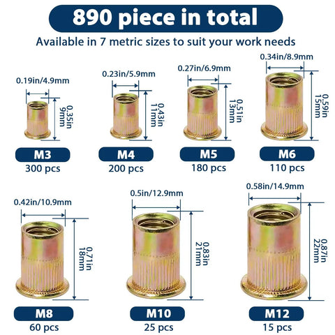 Metric Rivet Nut Assortment Kit With Zinc Plated Finish Pro Grade 7 Size Set M3 M4 M5 M6 M8 M10 M12 Flat Head Rivnuts 890 Pieces