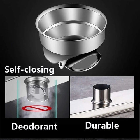 Heavy Duty Linear Shower Drain With Quick Swap Hair Strainer And Rust Proof 304 Stainless Steel with self-closing feature.