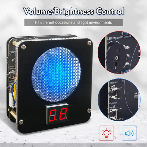 DIY Light Sensitive Shooting Target Kit with digital hit counter and LED display for soldering practice, front view.