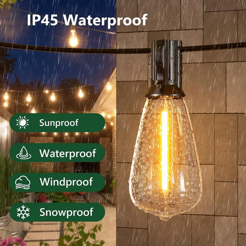 100Ft Outdoor String Lights Waterproof Patio Lighting With Clear Shatterproof ST38 Vintage Edison Bulbs in rain