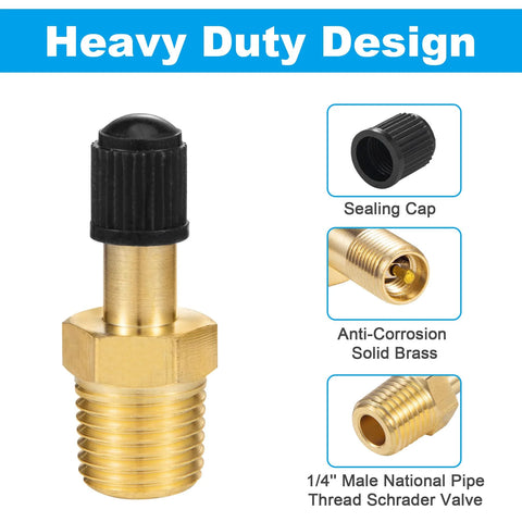 1/4 in Schrader inflation valve, brass body with push-to-connect, black ribbed cap for 1/4 in OD air lines