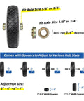 Solid Flat Free Tire And Wheel For Garden Cart 4.80/4.00-8 Inch, with spacers for hub sizes 3" to 7", axle size 5/8" or 3/4".