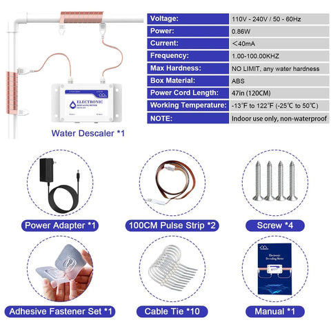 Whole House Salt Free Water Softener Descaler System for Hard Water with accessories and installation components