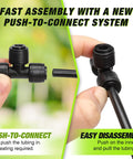 Push To Connect 1/4 Inch Tee Irrigation Fittings, 24 Pack, showing fast assembly and easy disassembly with push-in tubing.