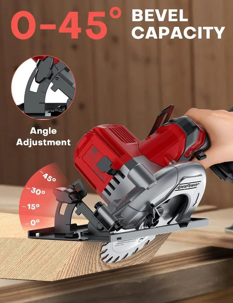 Six Inch Cordless Mini Circular Saw With Brushless Motor And 5900 RPM Blade Compatible With Milwaukee M18 Battery cutting at a 45-degree angle.