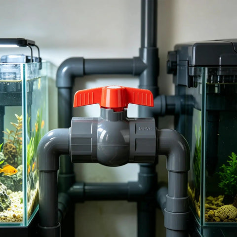 Rock Solid 1 Inch Sch80 Pvc Ball Valve 4 Pack with a red handle installed in gray irrigation piping near aquariums.