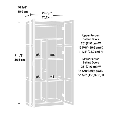 Diagram of White Finish Double Door Storage Cabinet With Adjustable Shelves For Pantry Kitchen Or Home Office dimensions.