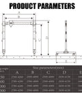 Hella Sturdy Aluminum Portable Gantry Crane Rig size parameters chart with dimensions for various weight capacities.