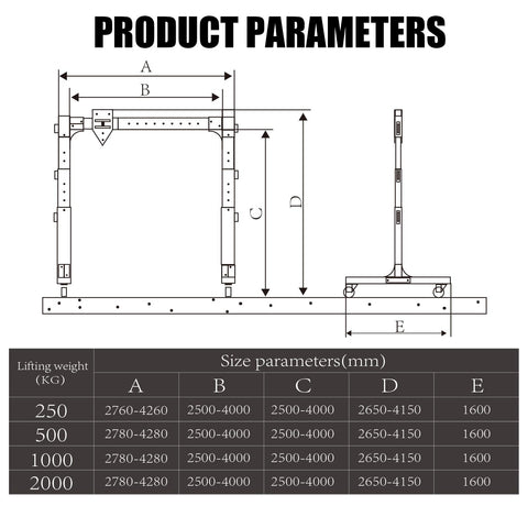 Hella Sturdy Aluminum Portable Gantry Crane Rig size parameters chart with dimensions for various weight capacities.