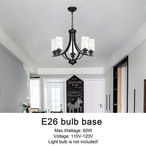 5 Lights Traditional Chandelier Black Farmhouse Pendant Ceiling Light Fixture With Seeded Glass Shades For Dining Room