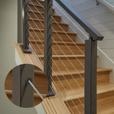 Heavy Duty Black Rubber Cable Railing Grommets For Metal Posts 60 Pack Protective Sleeves installed on stair railing