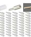 50 Pack Cabinet Shelf Pegs With Grip Tight Sleeve, Rock Solid Self Tapping Screw Holders for bookcases, showing steel pegs and rubber sleeves.