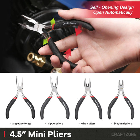 Essential 10 Piece Pliers And Wrench Set With Storage Rack Includes Locking Long Nose Pliers Diagonal Cutters Groove Joint Pliers Linesman And Mini Pliers Carbon Steel Tool Kit For DIY And Home Use Handyman Gift For Him displayed with mini pliers.