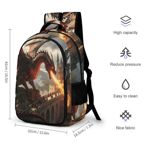 Castle Fire Wyrm Printed Unisex Backpack With Large Capacity, Durable Polyester with dragon design, side view with features