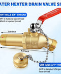 Lead-Free Brass Water Heater Drain Valve With 3/4 In NPT Inlet And 3/4 In GHT Outlet, shown with dimensions and long handle