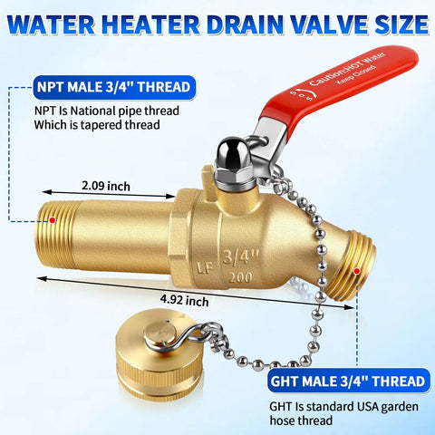 Lead-Free Brass Water Heater Drain Valve With 3/4 In NPT Inlet And 3/4 In GHT Outlet, shown with dimensions and long handle