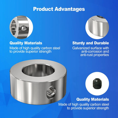 Heavy Duty Built To Last Eight Pack Five Eighths Bore Zinc Plated Carbon Steel Shaft Collars Set Screw Style with product advantages