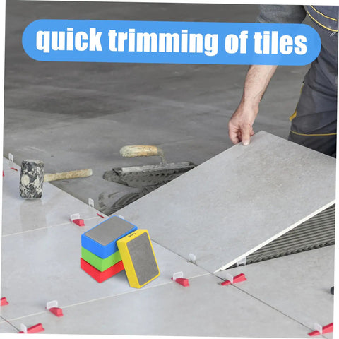 Handheld Diamond Sanding Pads For Ceramic Tiles And Marble Polishing Rock Stone Edge Trimming Block Kit shown with tile installation