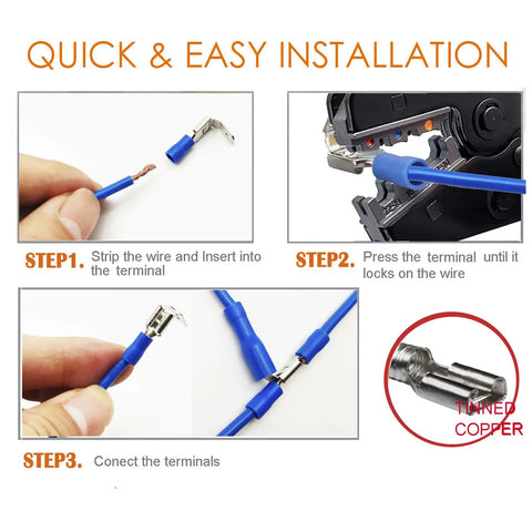 Installation steps for Piggyback Spade Connectors Kit 100 Pcs 24 To 10 Gauge Quick Disconnects with crimping tool demonstration