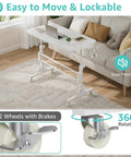 Portable Treadmill Walking Pad Desk On Wheels With Height Adjustable Stand Up Table, shown in home setting, white color.