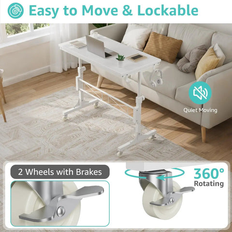 Portable Treadmill Walking Pad Desk On Wheels With Height Adjustable Stand Up Table, shown in home setting, white color.